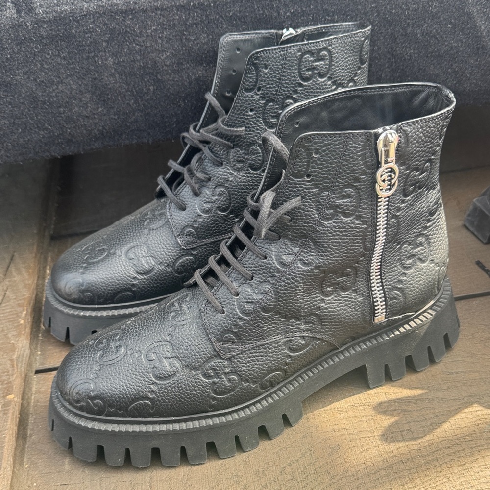 Gucci Black Textured Combat Boots - Picture 2 of 8